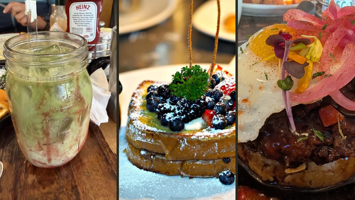 Brunch plates on a table in a cozy restaurant.